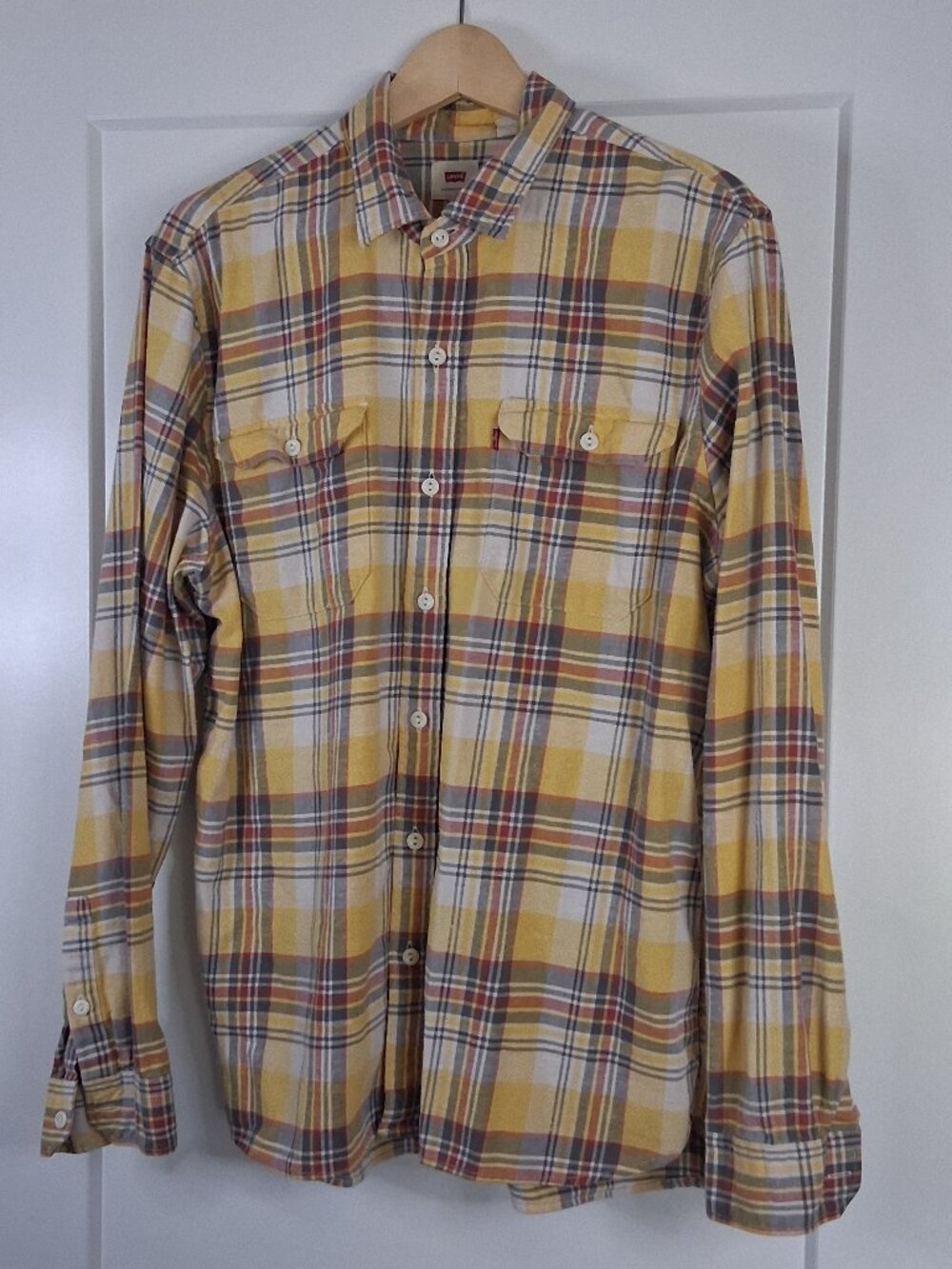 Levi's Mens XL Plaid Button Up Shirt Yellow Gold 100% Cotton Long Sl Workwear